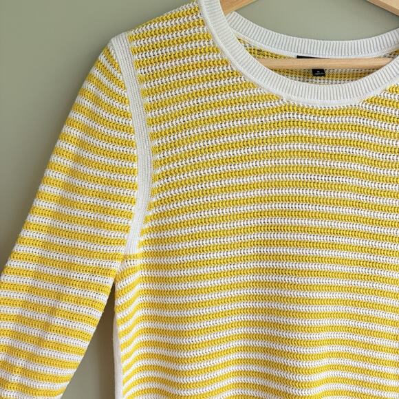 TALBOTS Crewneck Knit Sweater Scallop Trim Yellow White Stripe Preppy Coastal M - Picture 4 of 12